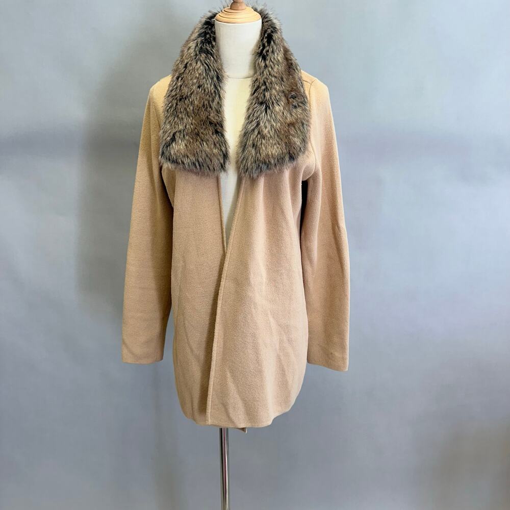 Anne Klein camel tan knit sweater jacket with faux fur collar Size medium